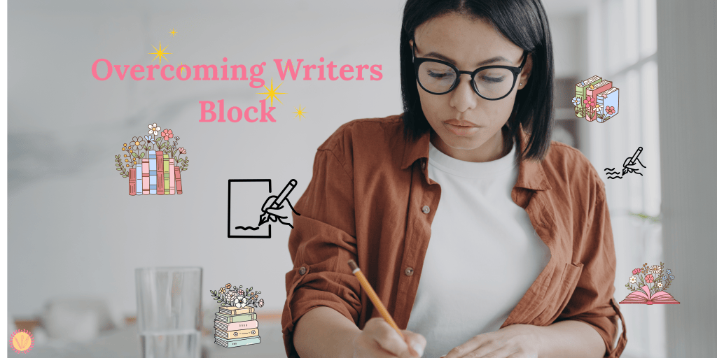 Woman writing. Pink title with book and writing stickers