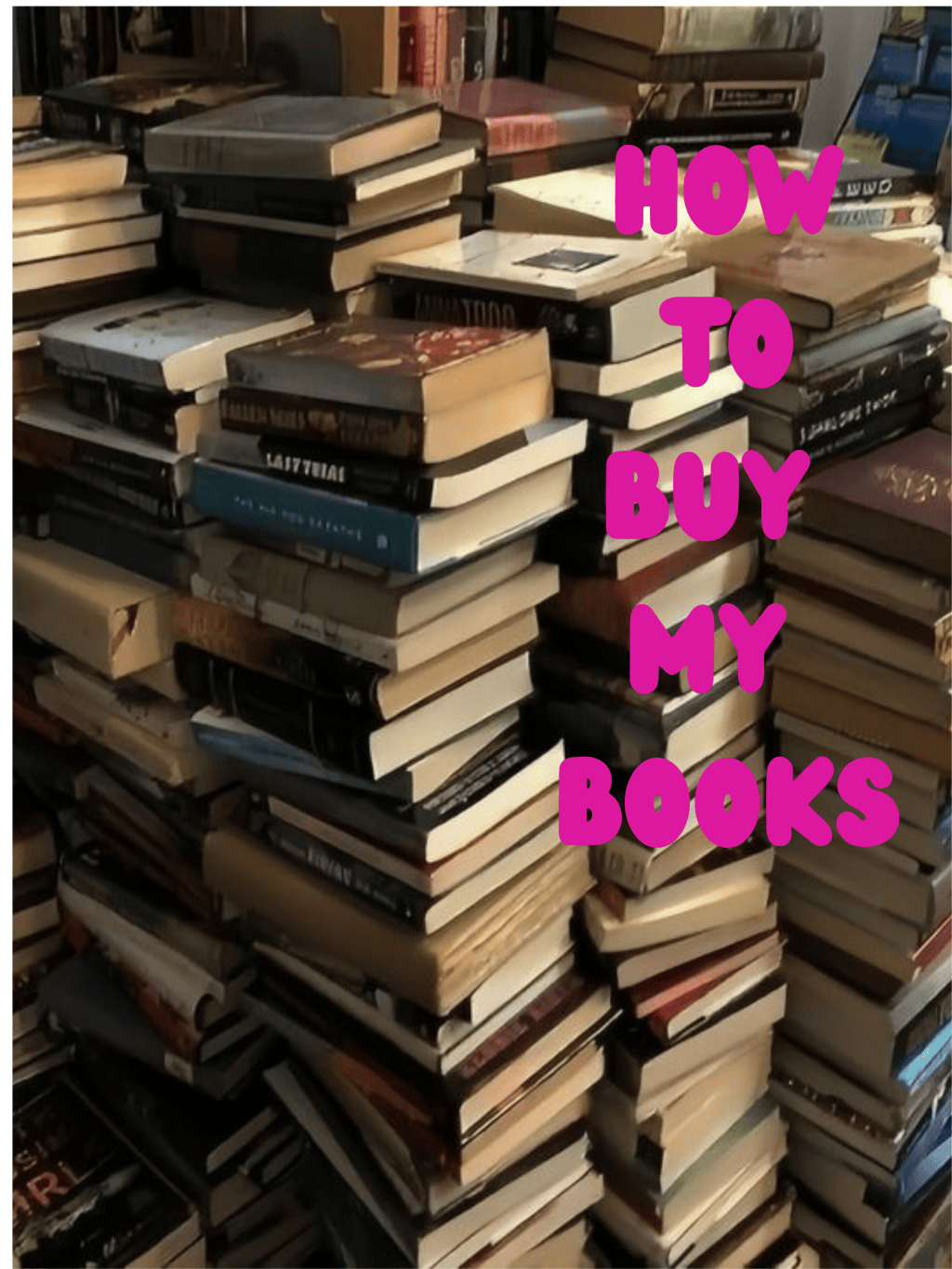 How to buy my Books- WIn's Books: stack of books with pink writing