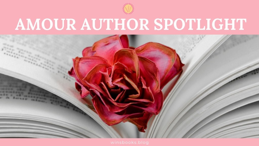 Amour author spotlight; red rose in the middle of open book; blog banner