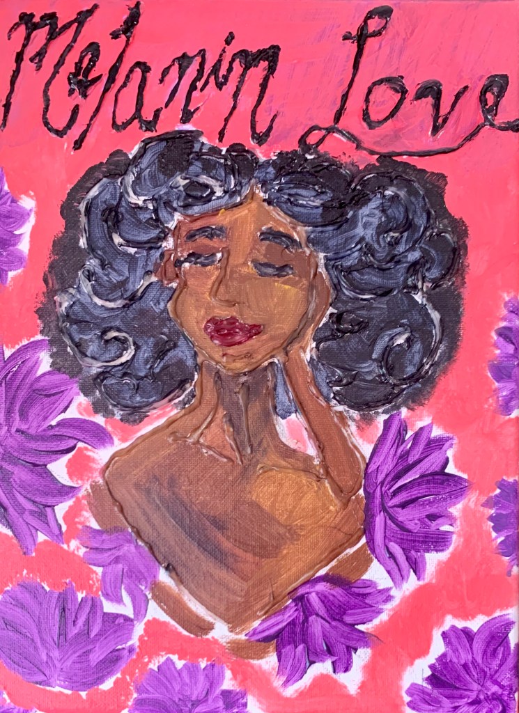Hot glue art; black woman with flowers